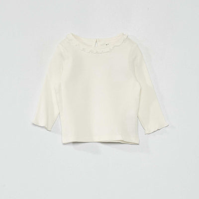 Ribbed knit T-shirt with ruffled collar WHITE