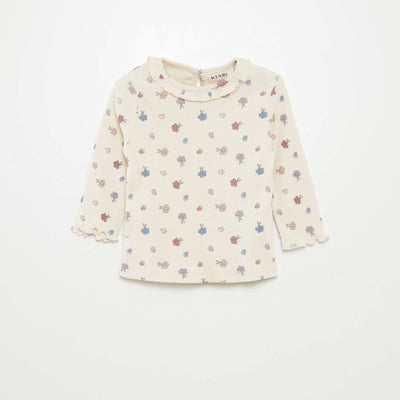 Ribbed knit T-shirt with ruffled collar WHITE