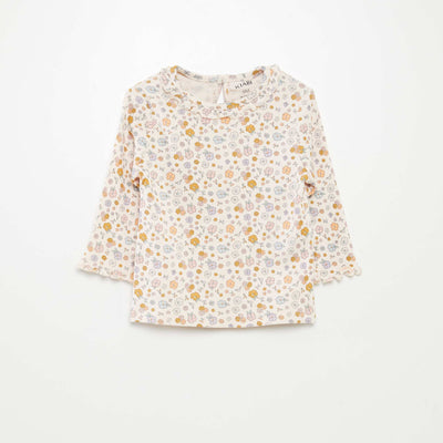 Ribbed knit T-shirt with ruffled collar PINK